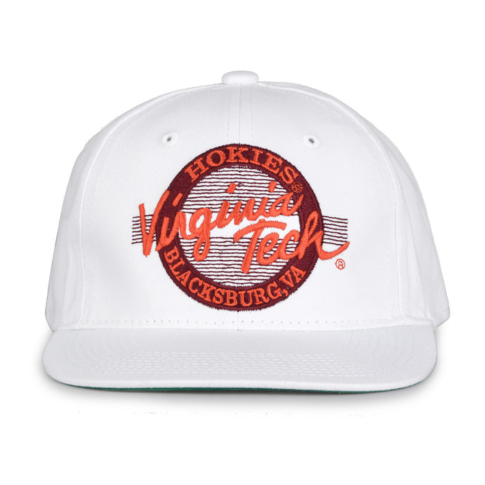 Virginia Tech Retro Circle snapback hat in white, front view