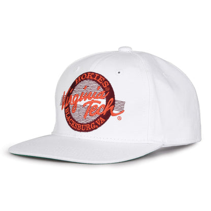 Virginia Tech Retro Circle snapback hat in white, angled view