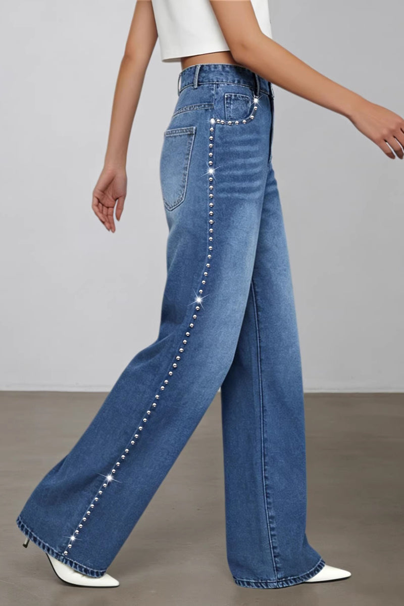 Washed Beaded High Waist Straight Leg Jeans