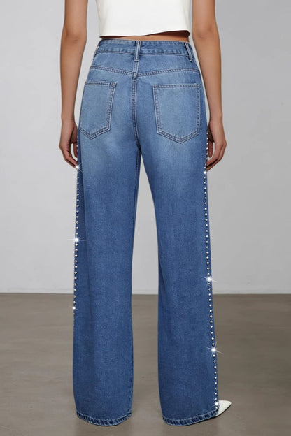 Washed Beaded High Waist Straight Leg Jeans