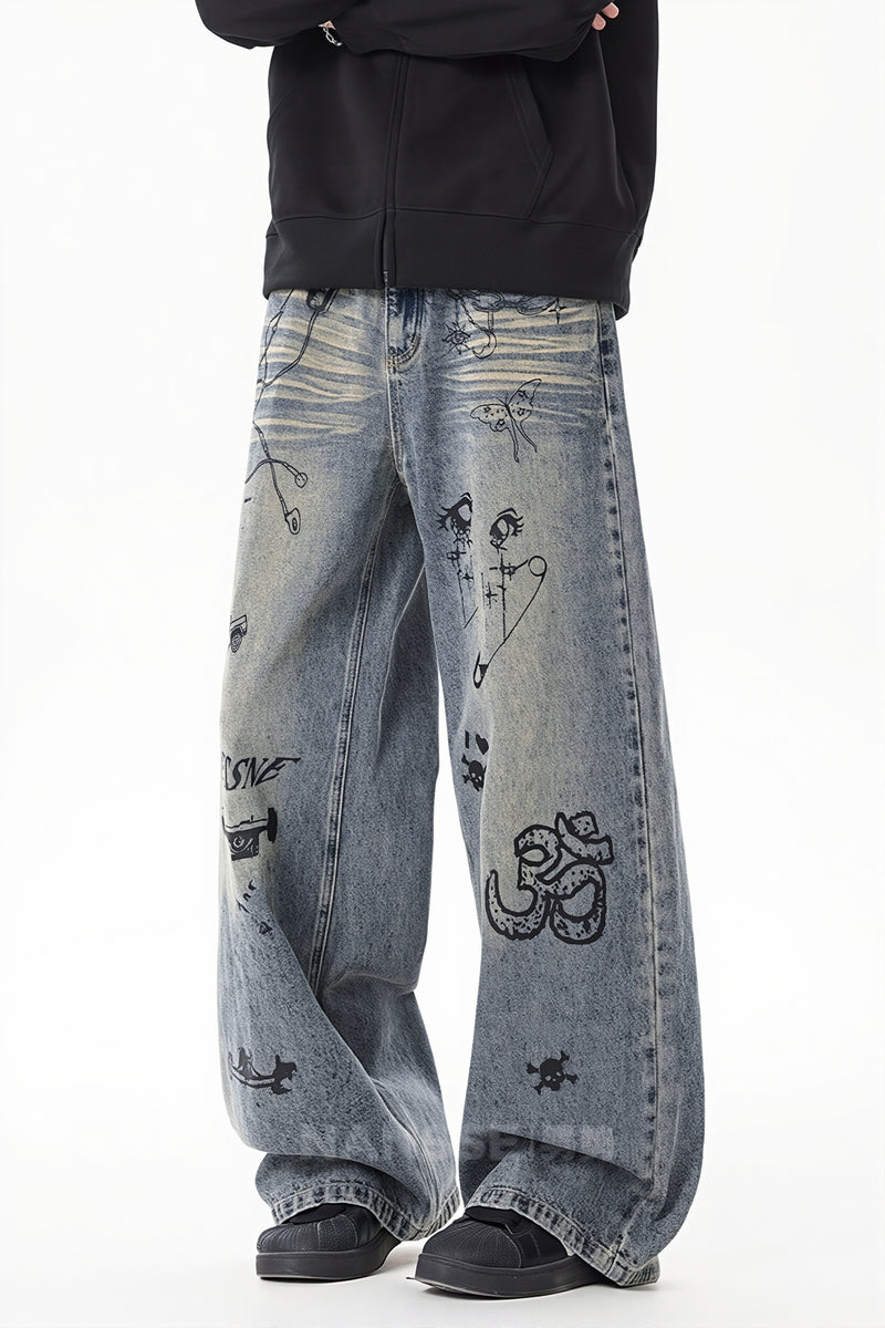 Washed Graffiti Wide Leg Jeans