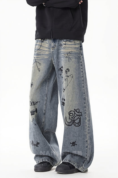 Washed Graffiti Wide Leg Jeans