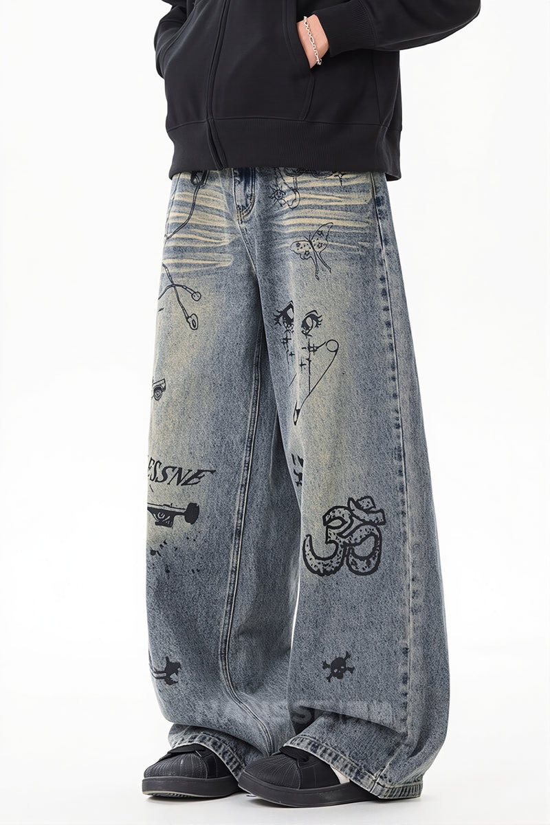 Washed Graffiti Wide Leg Jeans