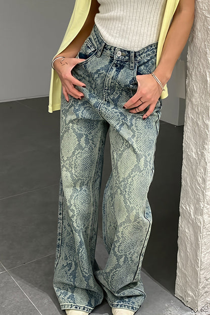 Washed Snake Print Straight Jeans