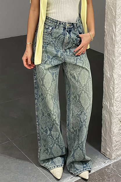 Washed Snake Print Straight Jeans