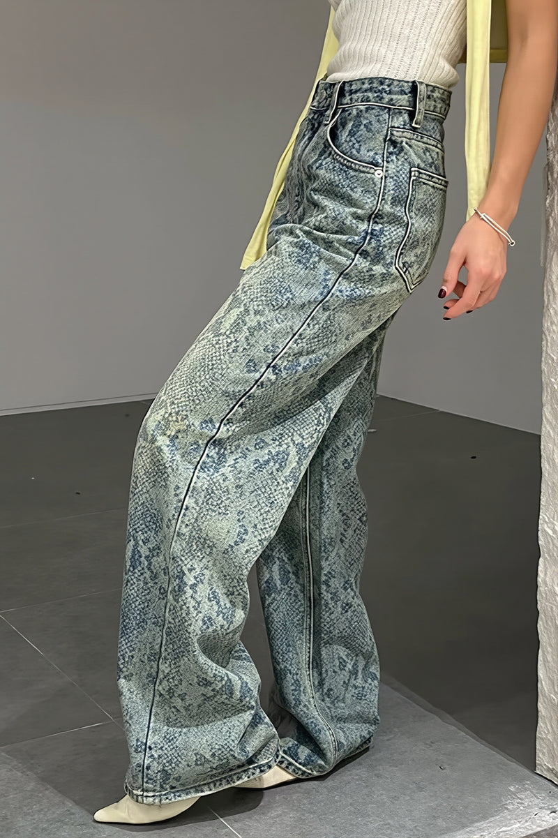 Washed Snake Print Straight Jeans