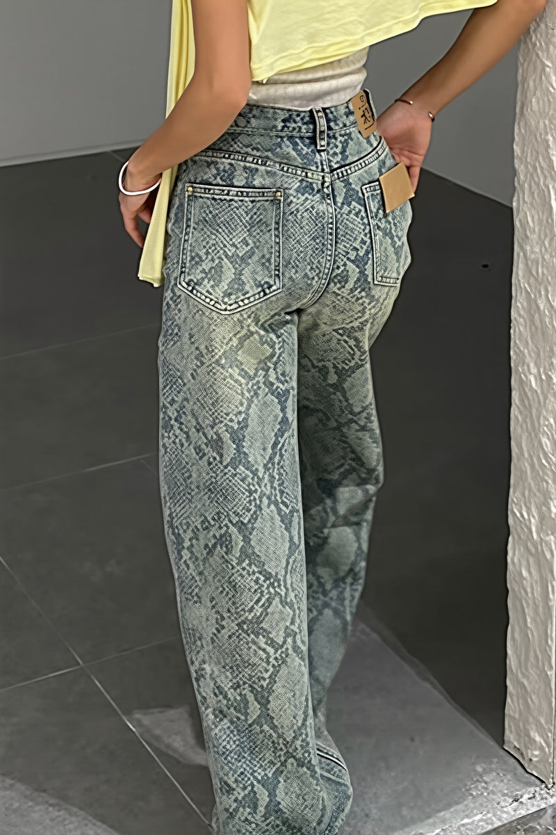 Washed Snake Print Straight Jeans
