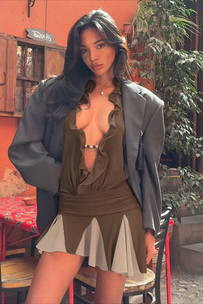 Wasteland Deep V Ruffle Halter Mini Dress