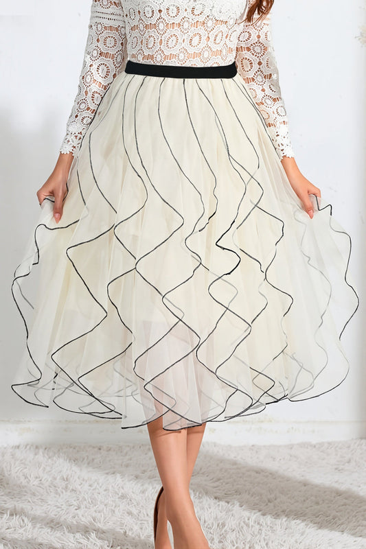 Wave Patchwork Mesh Ruffle Skirt