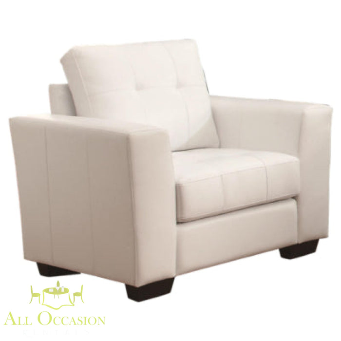 Elegant white leather chair for event rentals in Corona, perfect for weddings and parties.