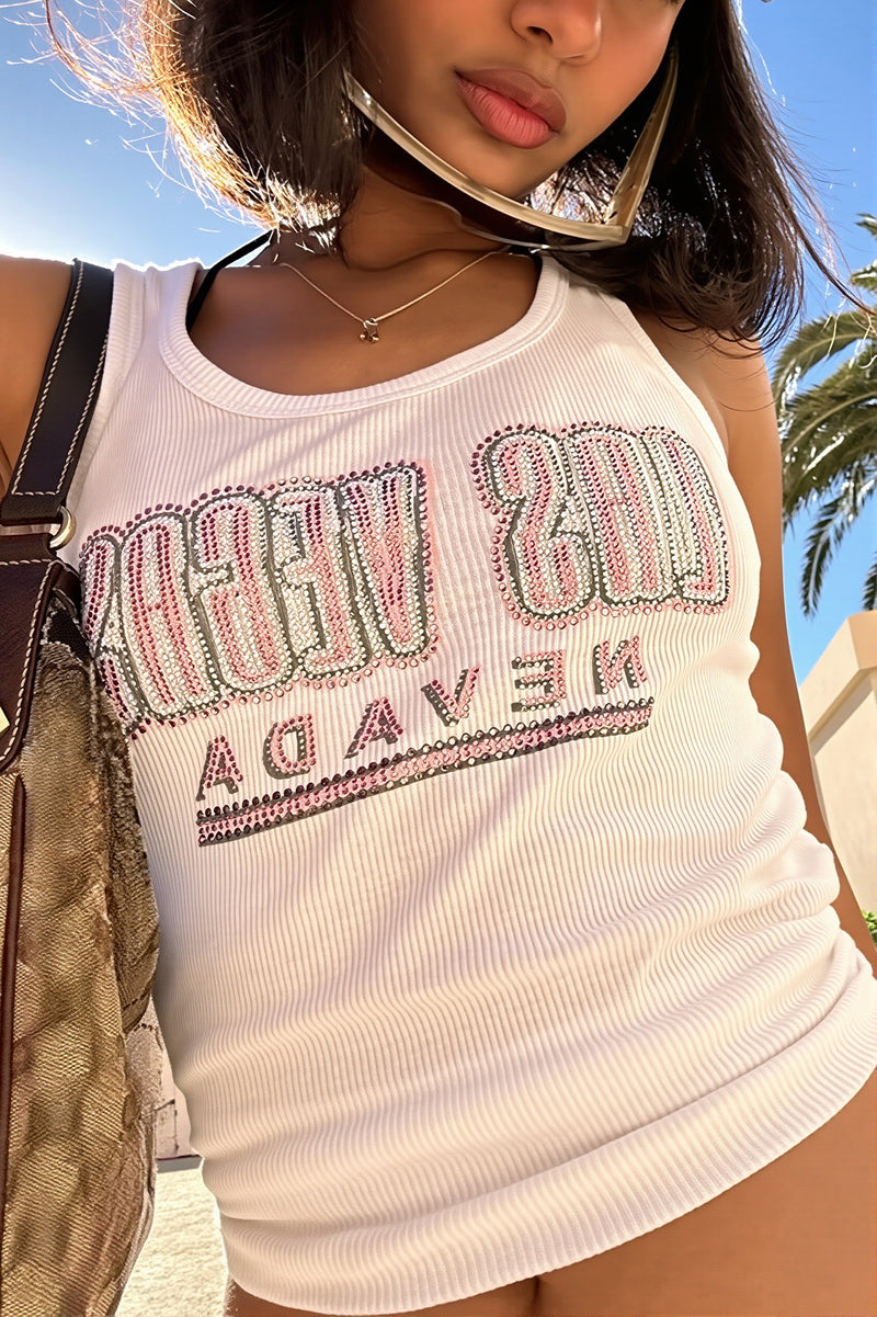 White Print Rhinestone Tank Top