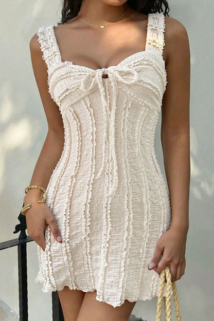 White Ruffle Texture Tie Mini Dress