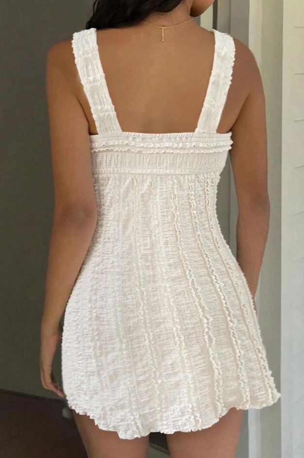 White Ruffle Texture Tie Mini Dress
