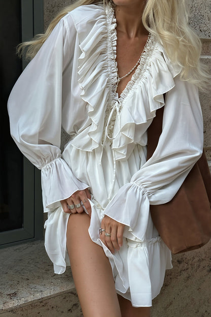 White V Ruched Flare Ruffle Mini Dress