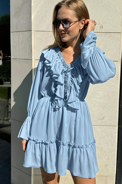 White V Ruched Flare Ruffle Mini Dress
