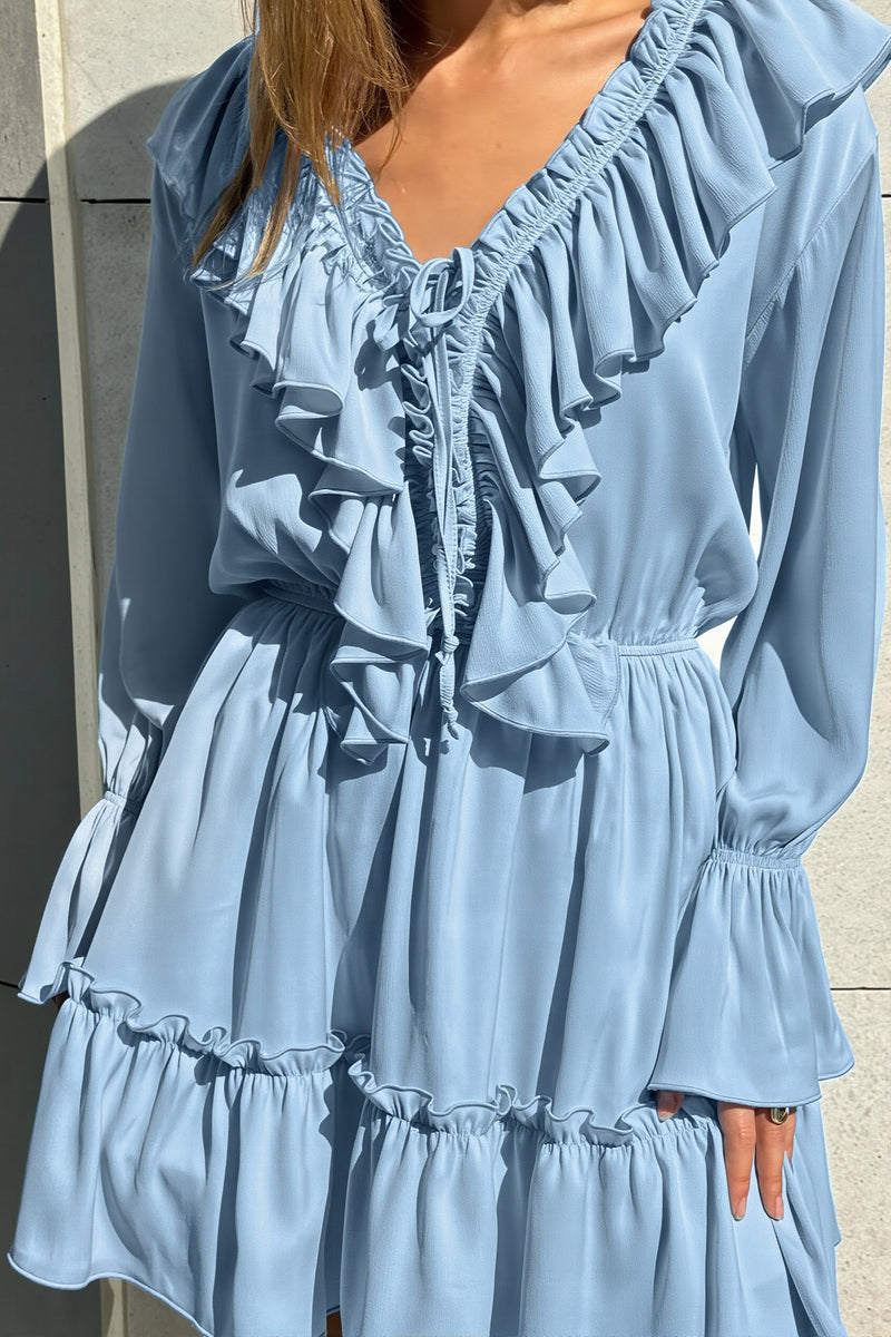 White V Ruched Flare Ruffle Mini Dress
