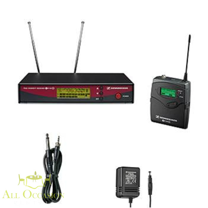 Wireless Microphone Rental Sennheiser G2 combo system with transmitter, receiver, and accessories.