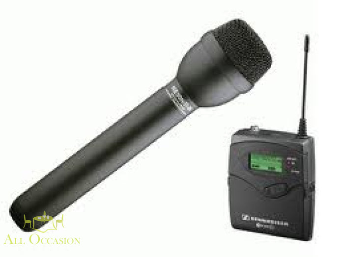 Wireless Microphone Rental Sennheiser G2 handheld microphone and transmitter.