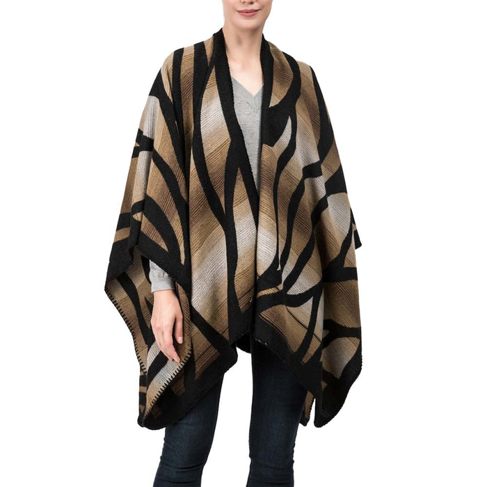 Women Oversized Black and Camel Animal Pattern Poncho Shawl