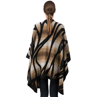Women Oversized Black and Camel Animal Pattern Poncho Shawl