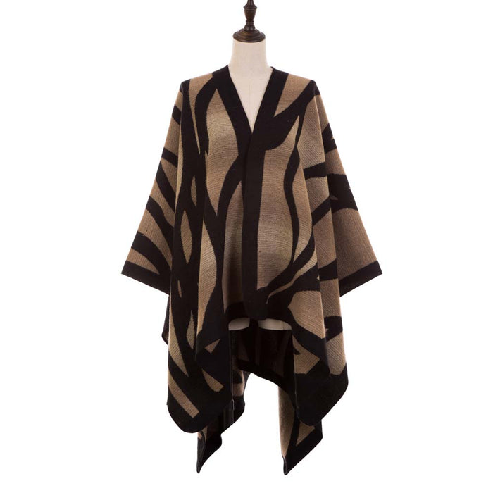 Women Oversized Black and Camel Animal Pattern Poncho Shawl