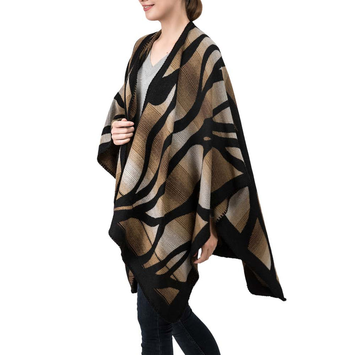 Women Oversized Black and Camel Animal Pattern Poncho Shawl