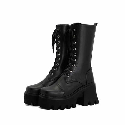 Women's Biker Boots Lace Up Mid Calf Motorcycle Boots Combat Riding Boots