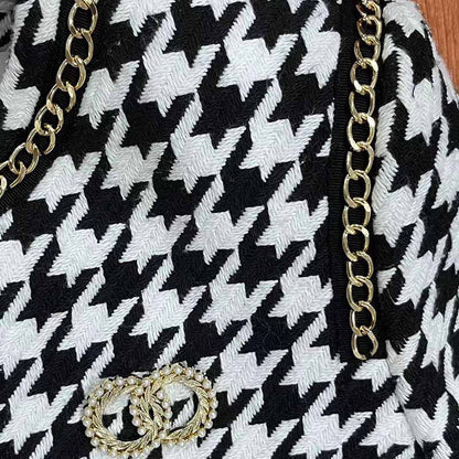 Women's Black and White Checked Cardigan Chic Coat