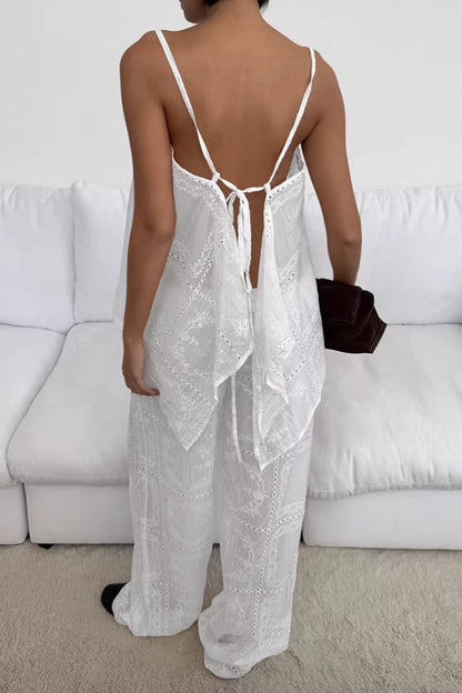 Wrap Embroidered Cutout Tie Loose Two Piece Set