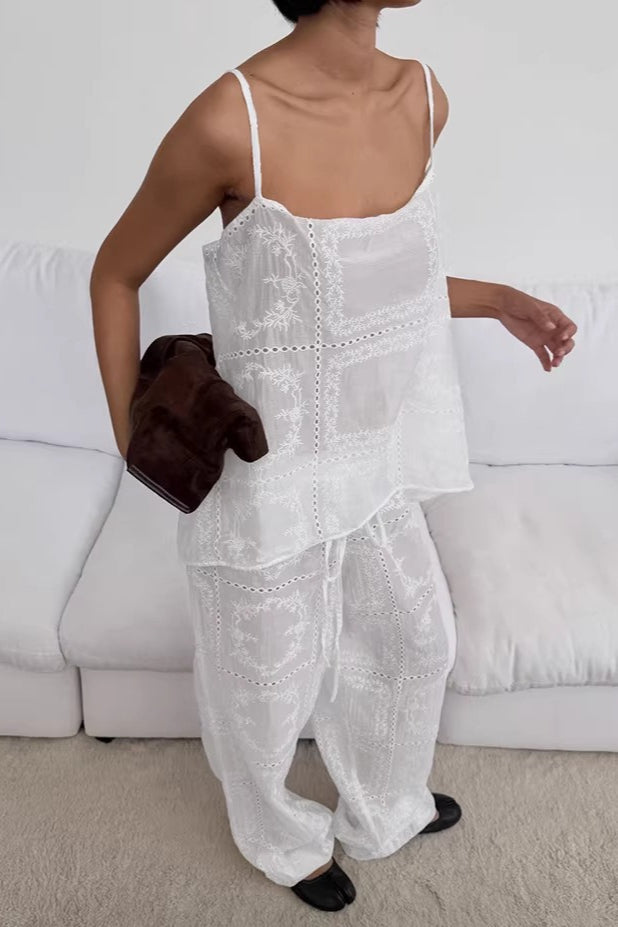 Wrap Embroidered Cutout Tie Loose Two Piece Set