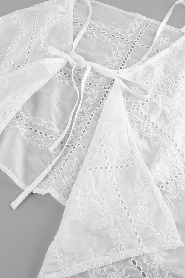 Wrap Embroidered Cutout Tie Loose Two Piece Set