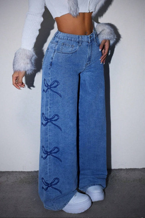 Y2K High Waist Bow Print Jeans
