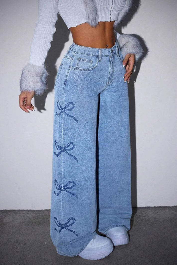 Y2K High Waist Bow Print Jeans
