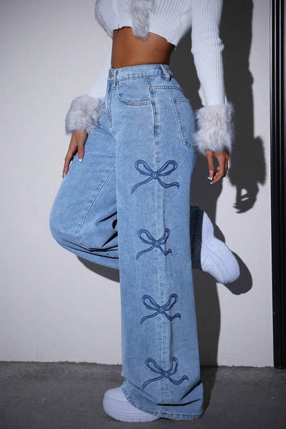 Y2K High Waist Bow Print Jeans
