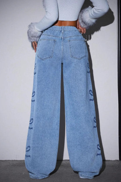 Y2K High Waist Bow Print Jeans