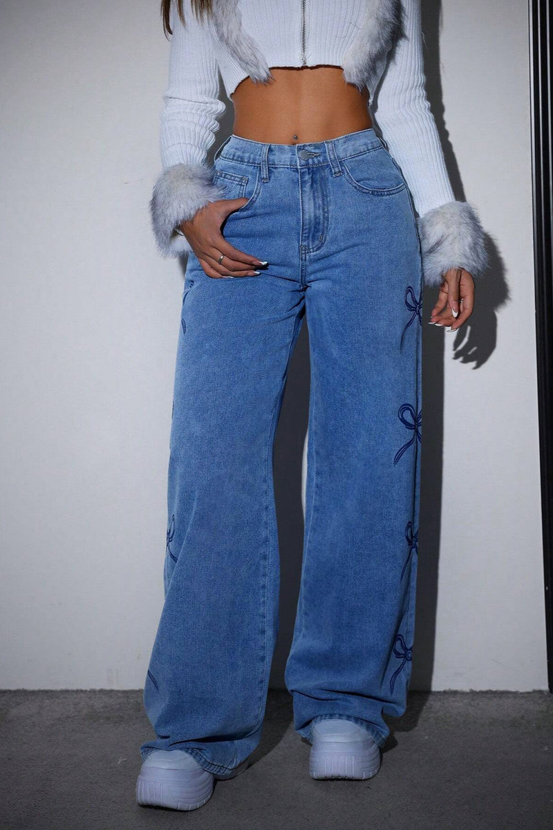 Y2K High Waist Bow Print Jeans