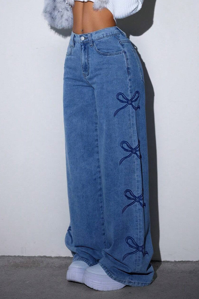 Y2K High Waist Bow Print Jeans