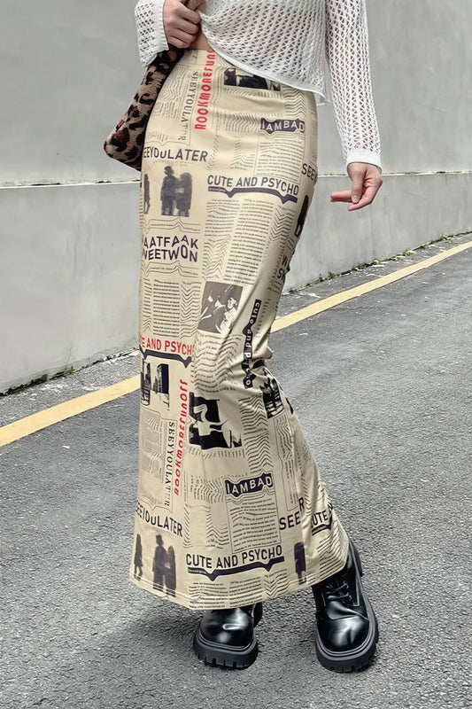 Y2K Vintage Newspaper Split Skirt