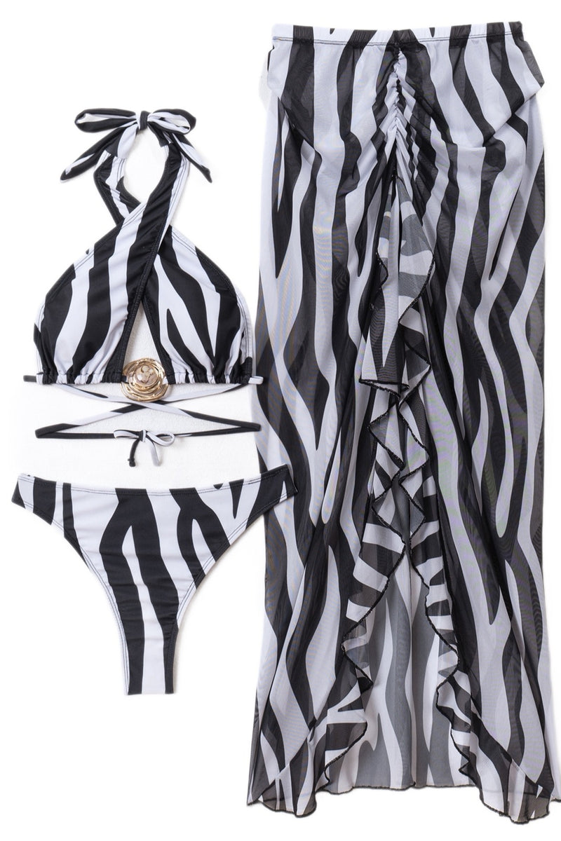Zebra Long Skirt Three Piece Swim Set